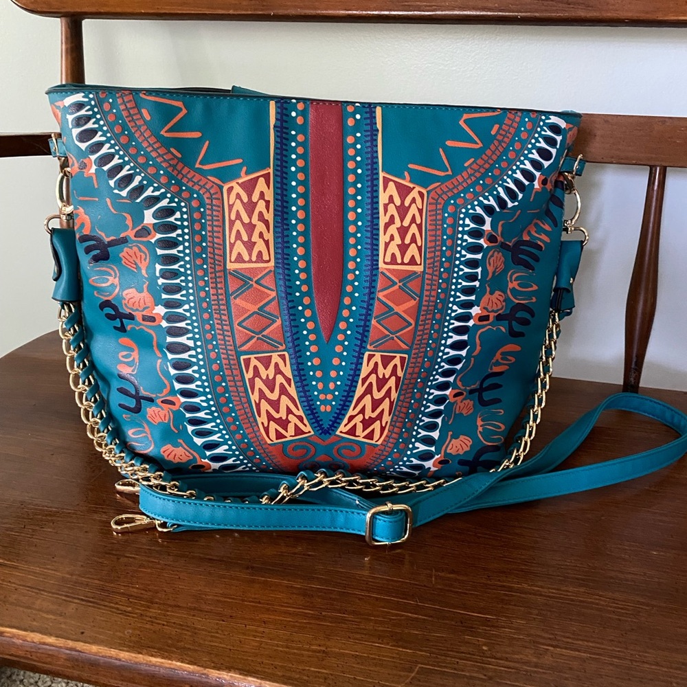 Large Teal Purse Handbag with Southwest Designs